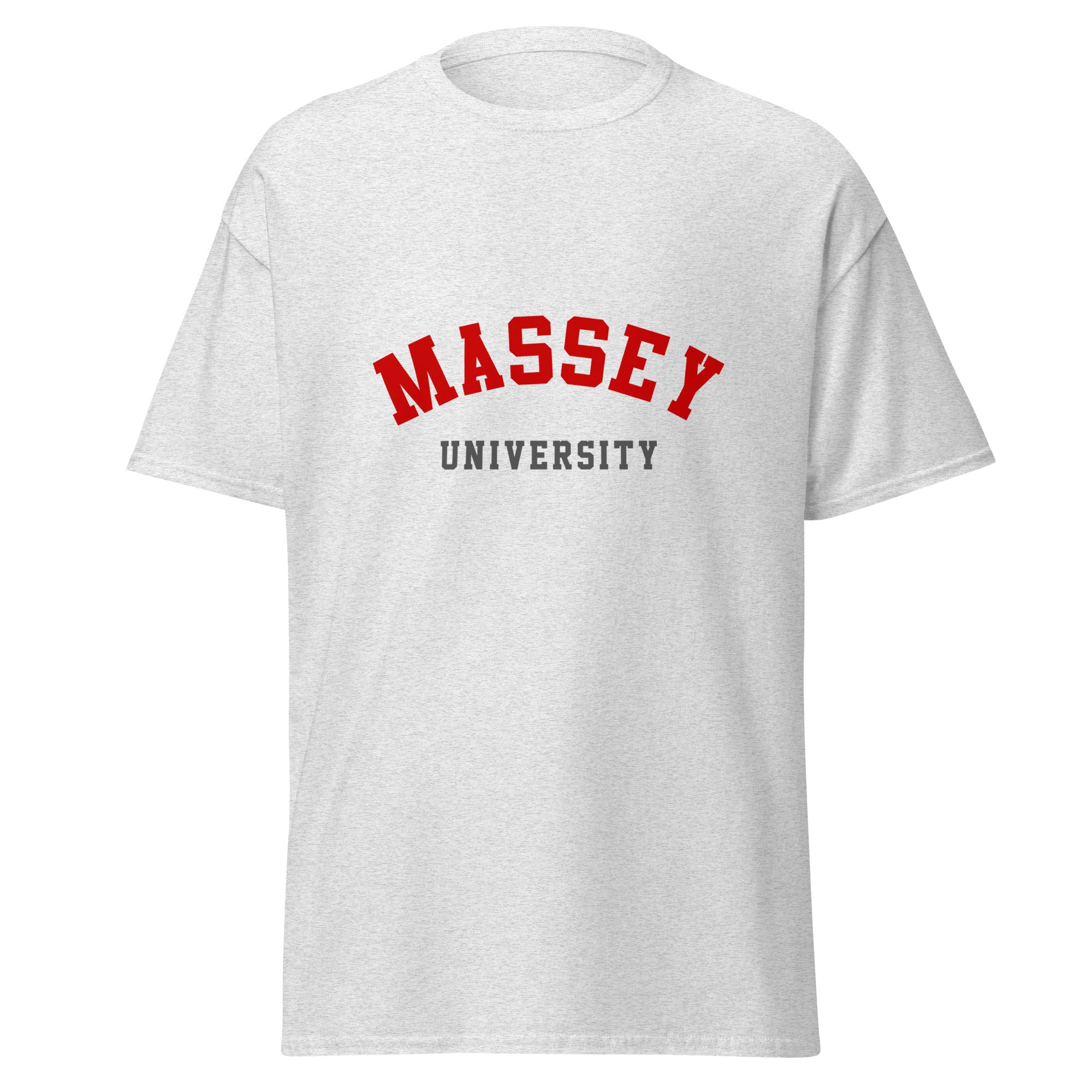 Unisex navy blue t-shirt featuring Massey University logo printed across the front chest