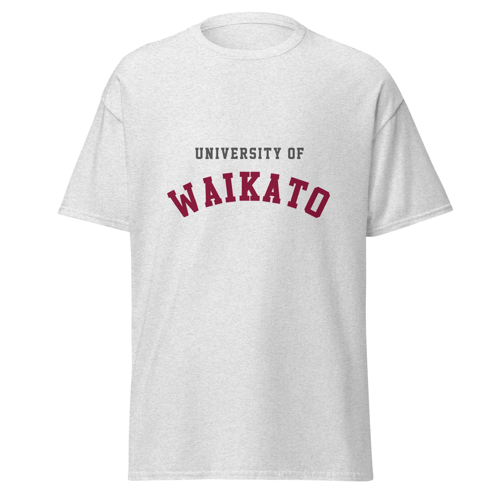 Unisex navy blue t-shirt featuring University of Waikato logo printed across the front chest