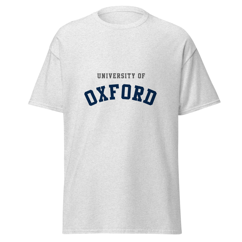 Unisex navy blue t-shirt featuring University of Oxford logo printed across the front chest