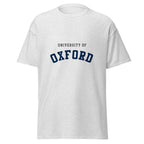 Unisex navy blue t-shirt featuring University of Oxford logo printed across the front chest