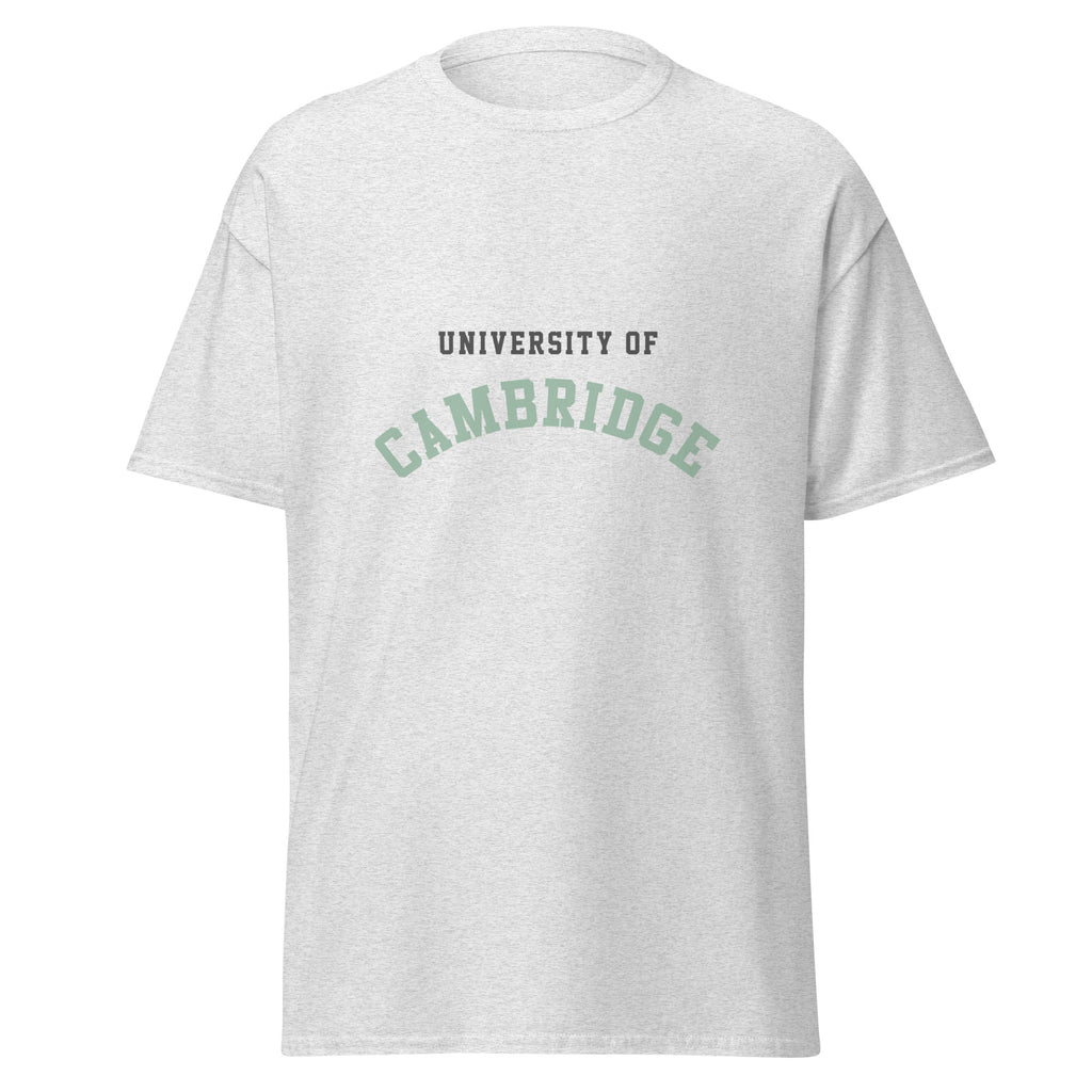Unisex heather gray t-shirt featuring University of Cambridge logo printed across the front chest