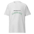 Unisex heather gray t-shirt featuring University of Cambridge logo printed across the front chest