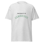Unisex heather gray t-shirt featuring University of Cambridge logo printed across the front chest