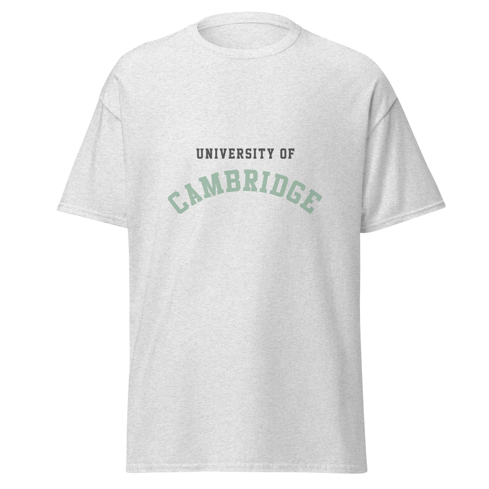 Unisex heather gray t-shirt featuring University of Cambridge logo printed across the front chest