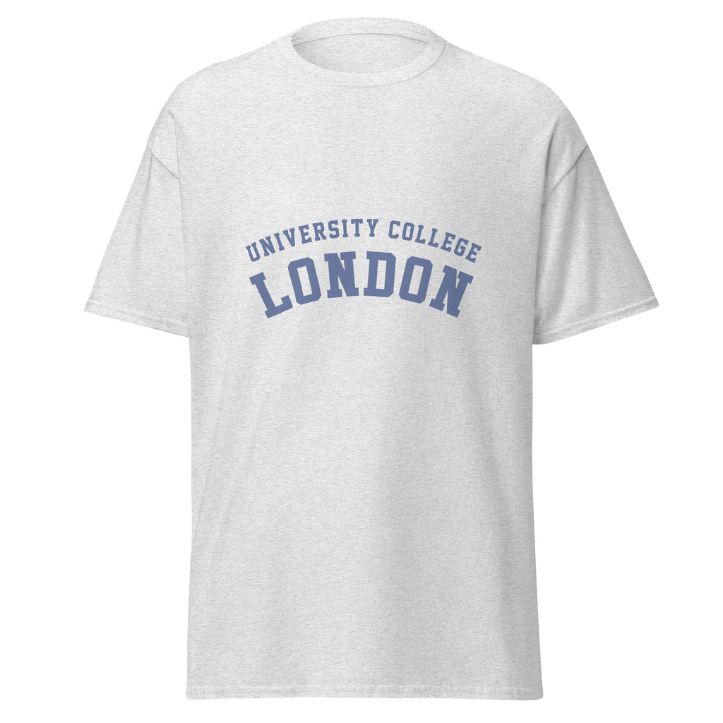 Unisex heather gray t-shirt featuring University College London logo printed across the front chest