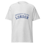 Unisex heather gray t-shirt featuring University College London logo printed across the front chest