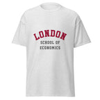Unisex navy blue t-shirt featuring London School of Economics logo printed across the front chest