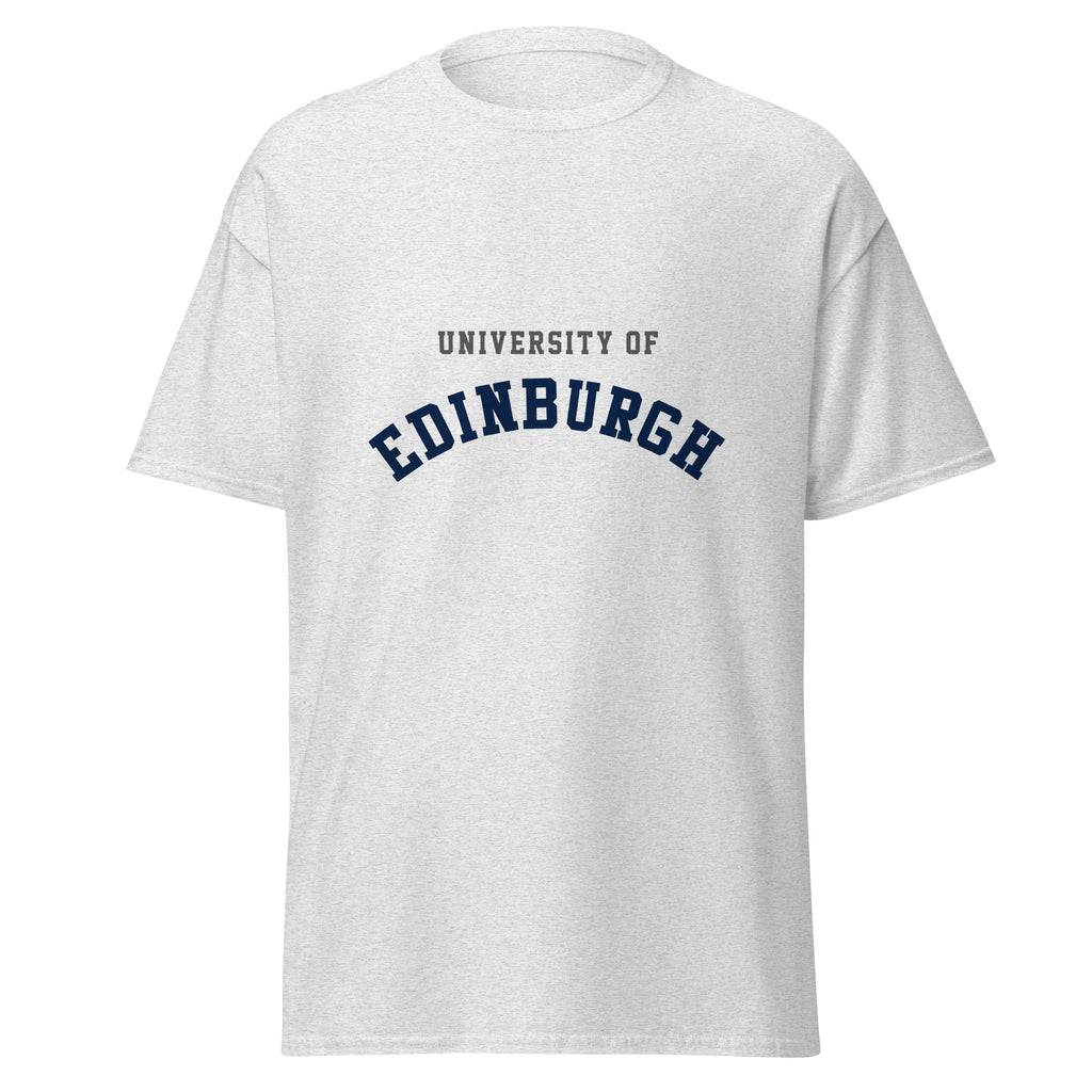 Unisex navy blue t-shirt featuring University of Edinburgh logo printed across the front chest