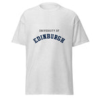 Unisex navy blue t-shirt featuring University of Edinburgh logo printed across the front chest