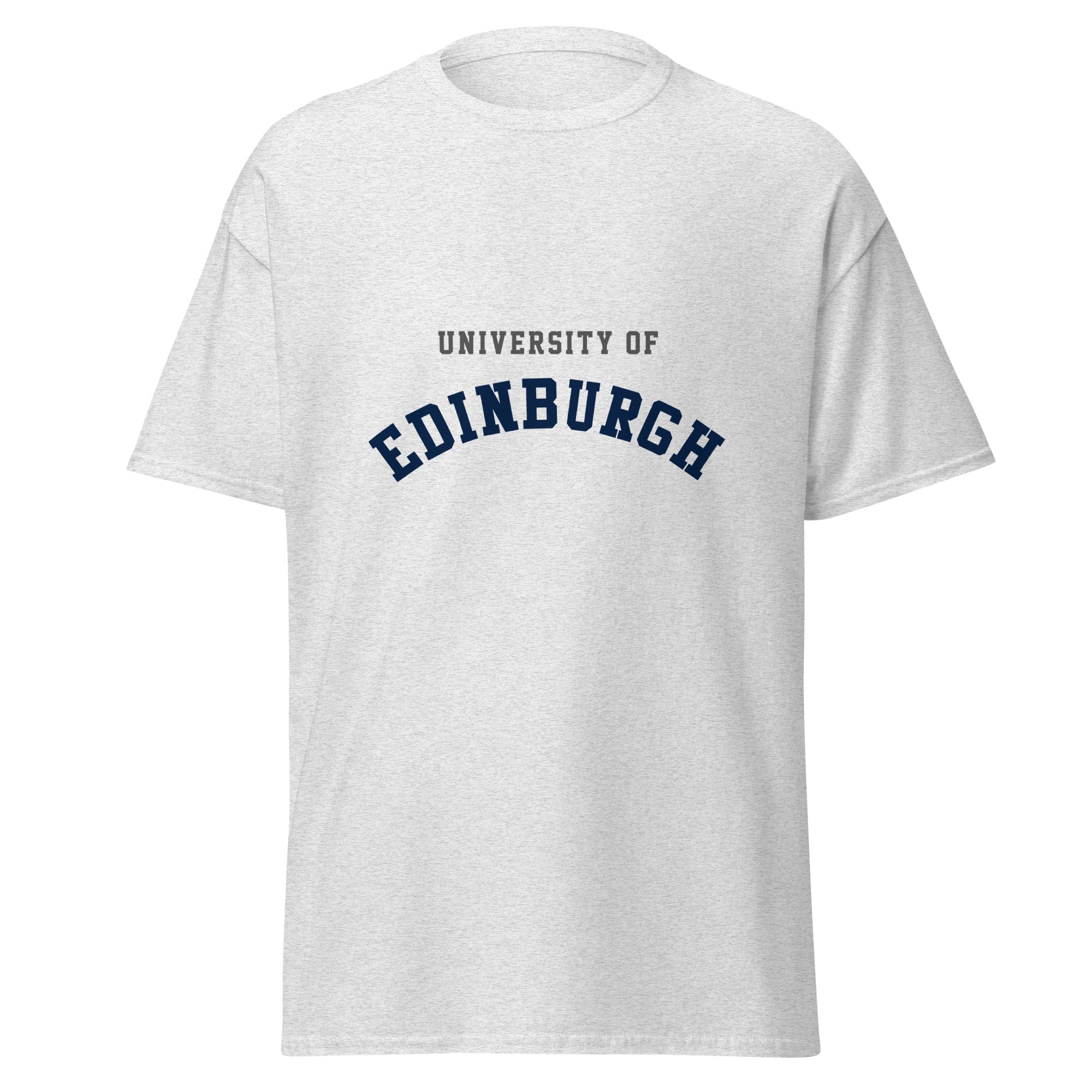 Unisex navy blue t-shirt featuring University of Edinburgh logo printed across the front chest