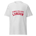 Unisex navy blue t-shirt featuring King's College London logo printed across the front chest