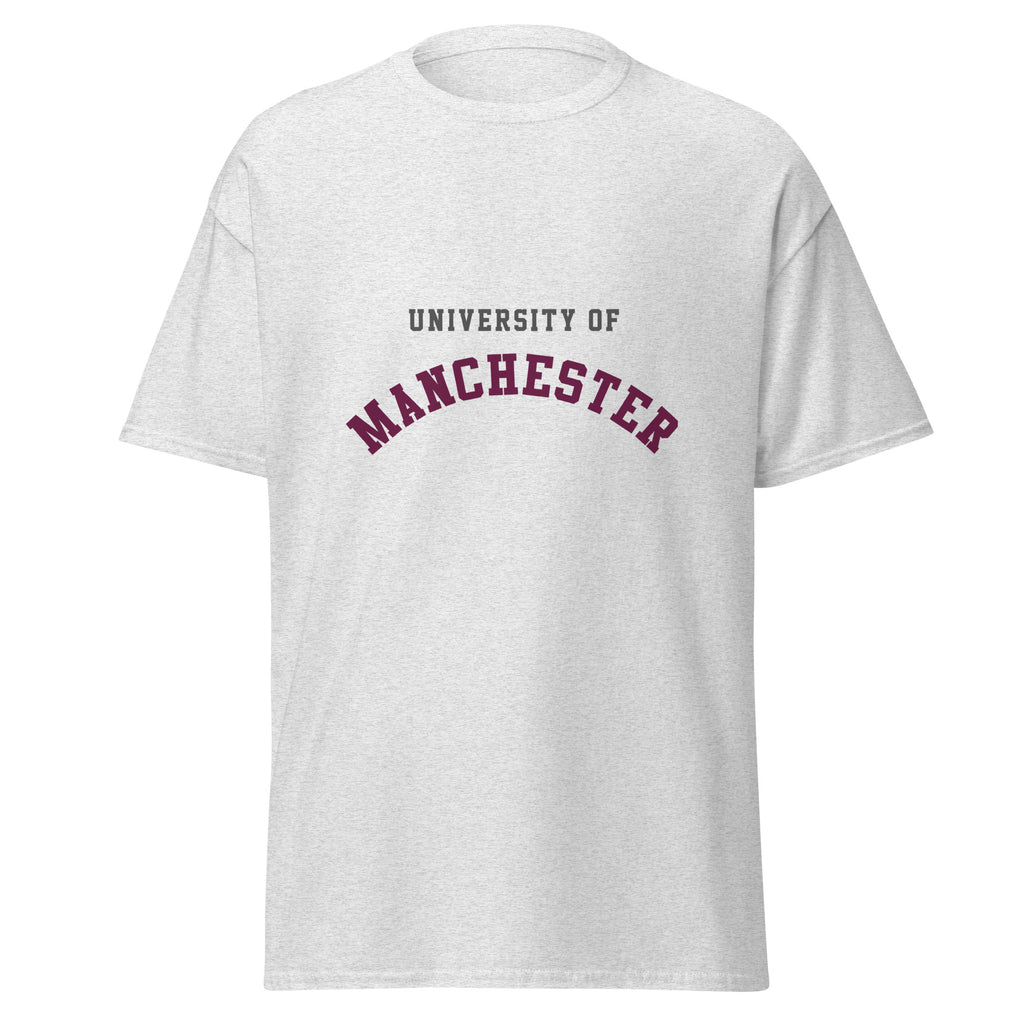 Unisex navy blue t-shirt featuring University of Manchester logo printed across the front chest