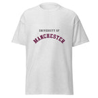 Unisex navy blue t-shirt featuring University of Manchester logo printed across the front chest