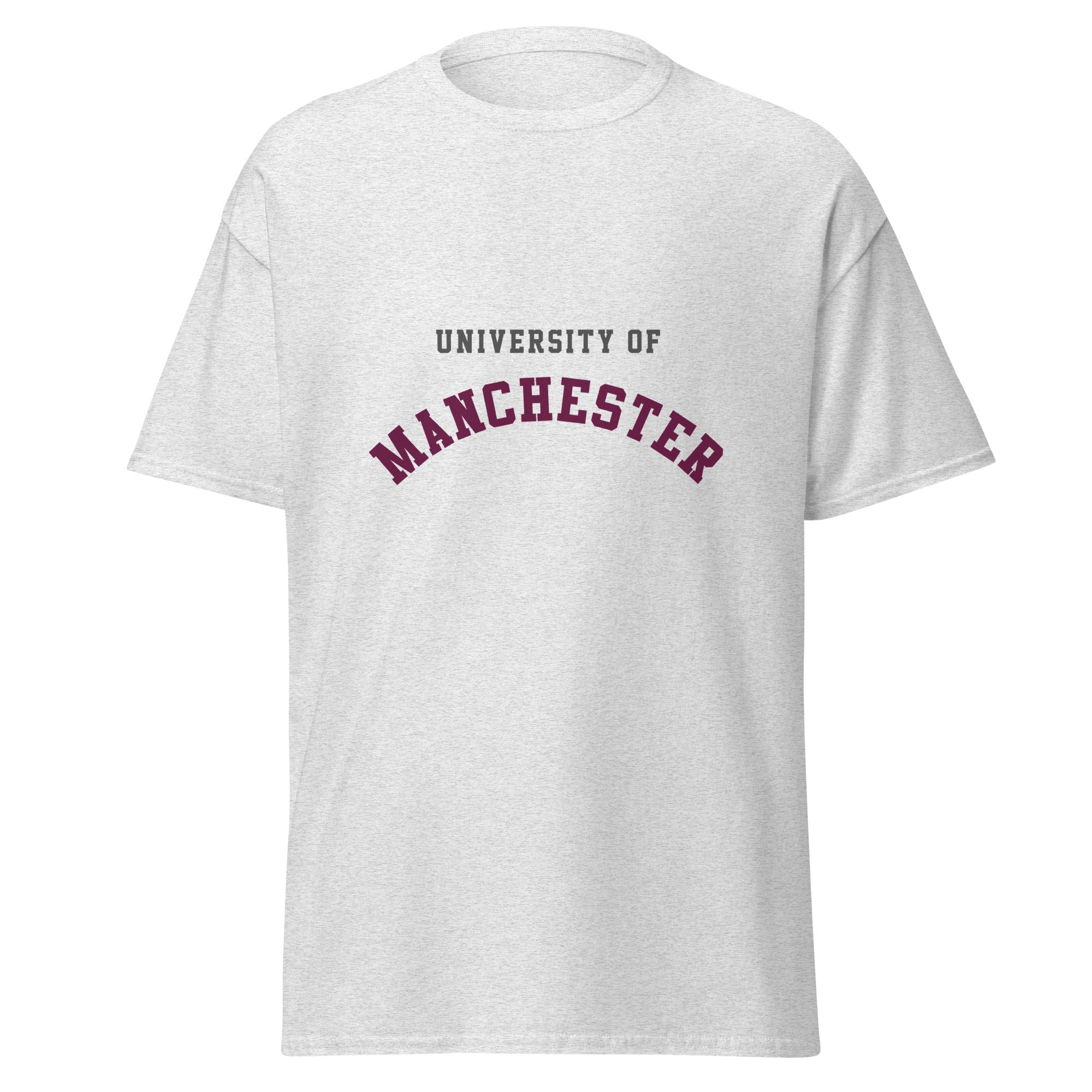 Unisex navy blue t-shirt featuring University of Manchester logo printed across the front chest
