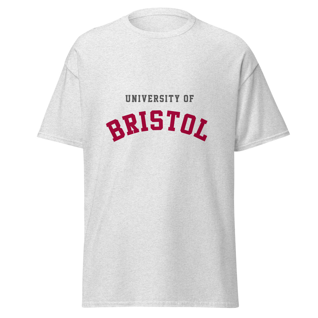 Unisex navy blue t-shirt featuring University of Bristol logo printed across the front chest