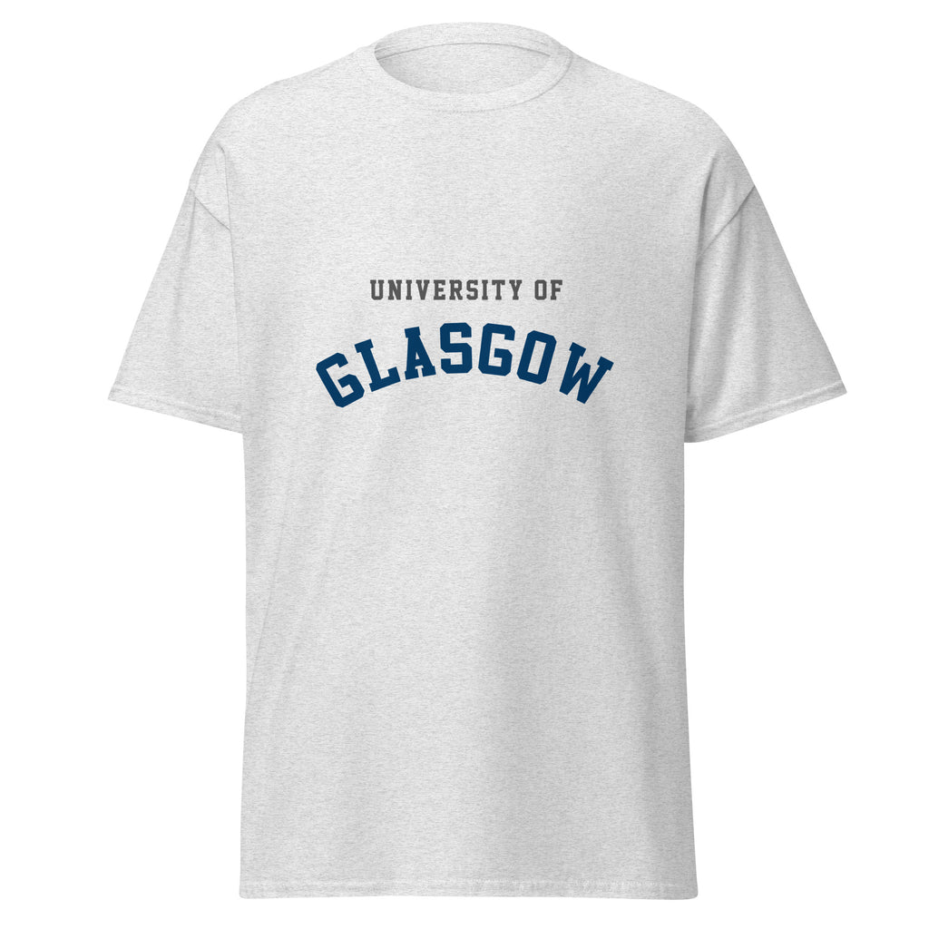 Unisex navy blue t-shirt featuring University of Glasgow logo printed across the front chest