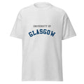 Unisex navy blue t-shirt featuring University of Glasgow name design printed across the front chest