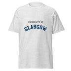 Unisex navy blue t-shirt featuring University of Glasgow logo printed across the front chest