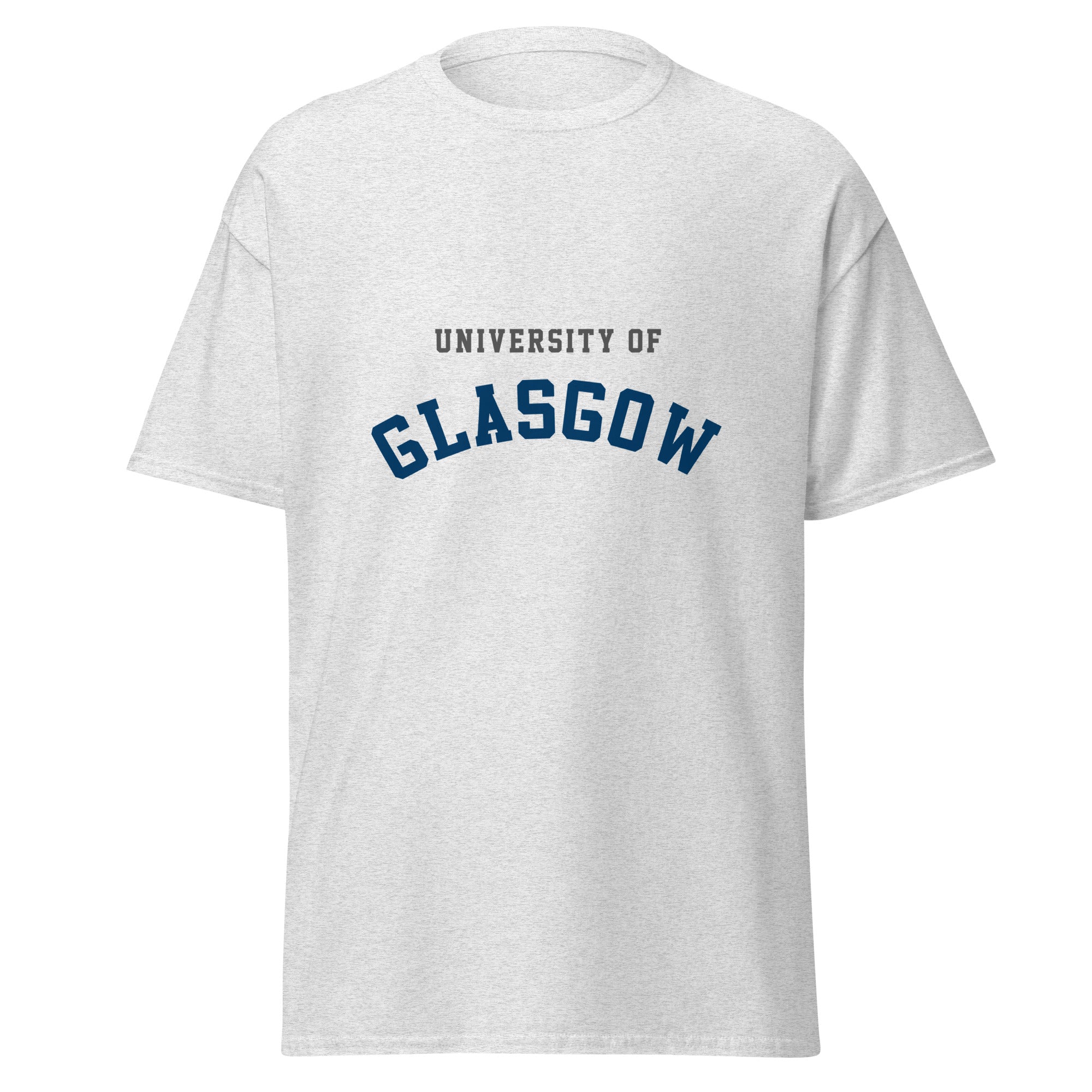 Unisex navy blue t-shirt featuring University of Glasgow logo printed across the front chest