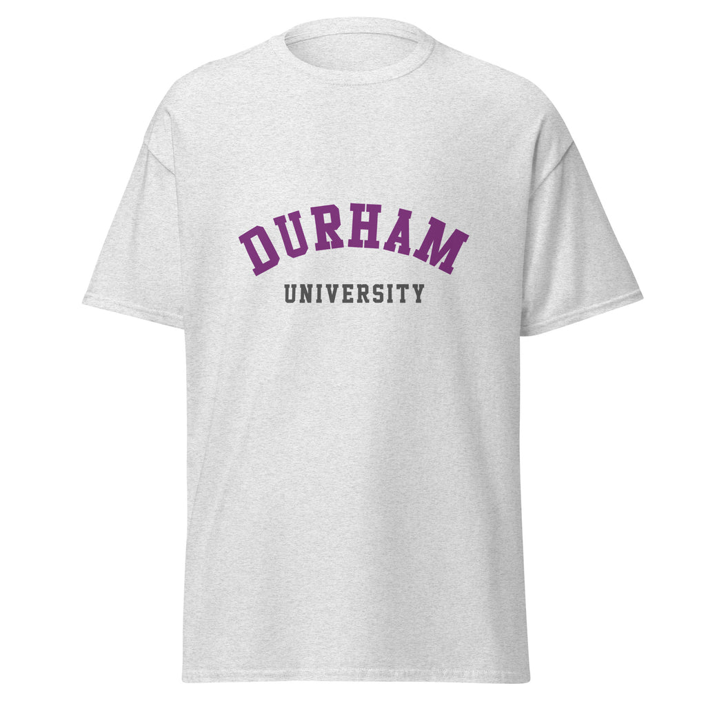 Unisex navy blue t-shirt featuring Durham University logo printed across the front chest