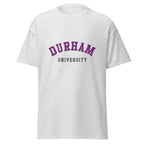 Unisex navy blue t-shirt featuring Durham University logo printed across the front chest