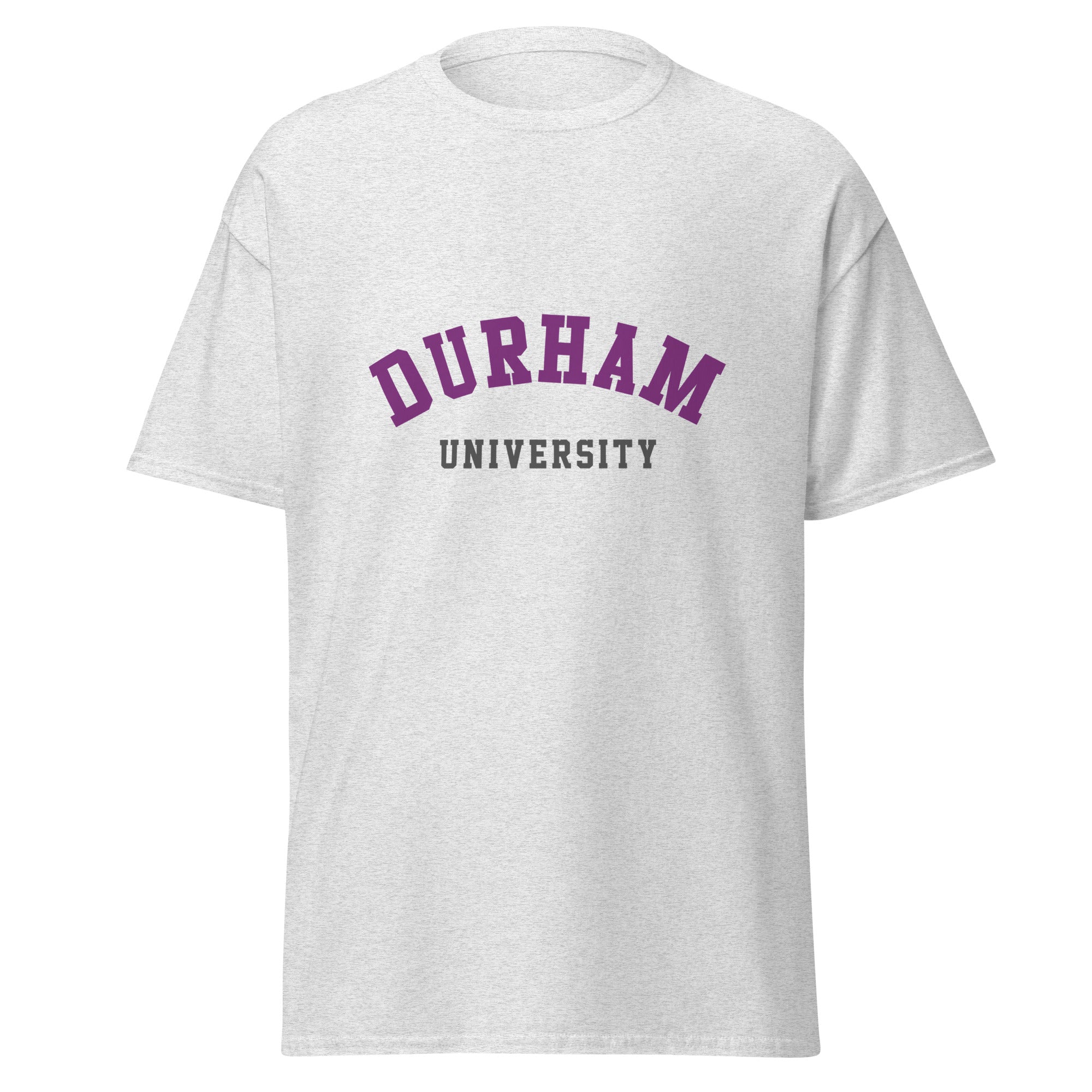 Unisex navy blue t-shirt featuring Durham University logo printed across the front chest