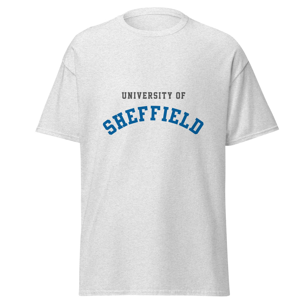 Unisex navy blue t-shirt featuring University of Sheffield logo printed across the front chest