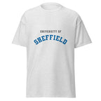 Unisex navy blue t-shirt featuring University of Sheffield logo printed across the front chest