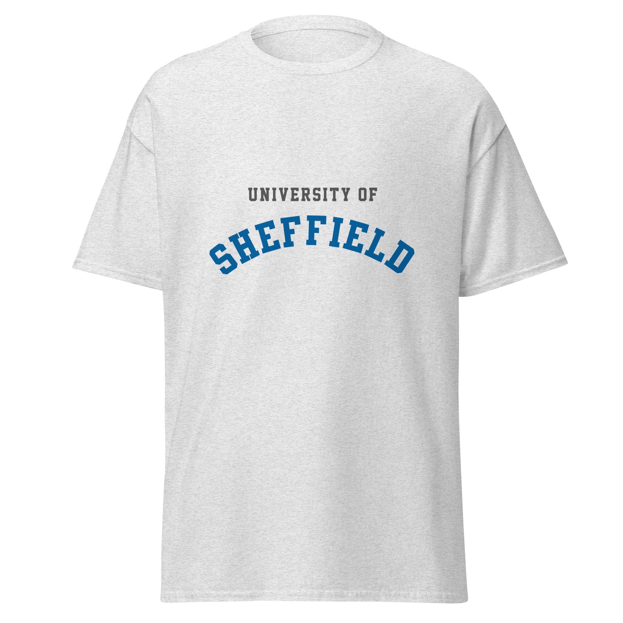 Unisex navy blue t-shirt featuring University of Sheffield logo printed across the front chest