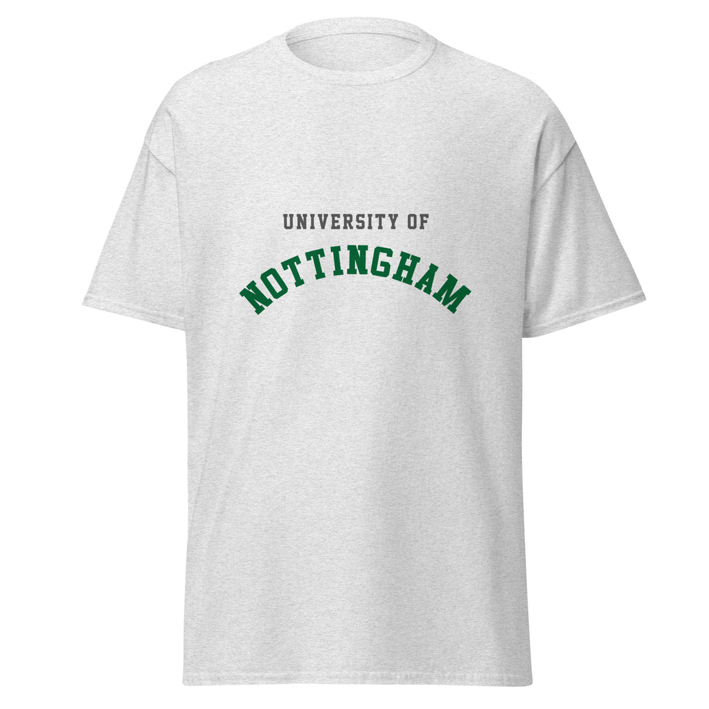 Unisex navy blue t-shirt featuring University of Nottingham logo printed across the front chest
