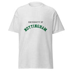 Unisex navy blue t-shirt featuring University of Nottingham logo printed across the front chest