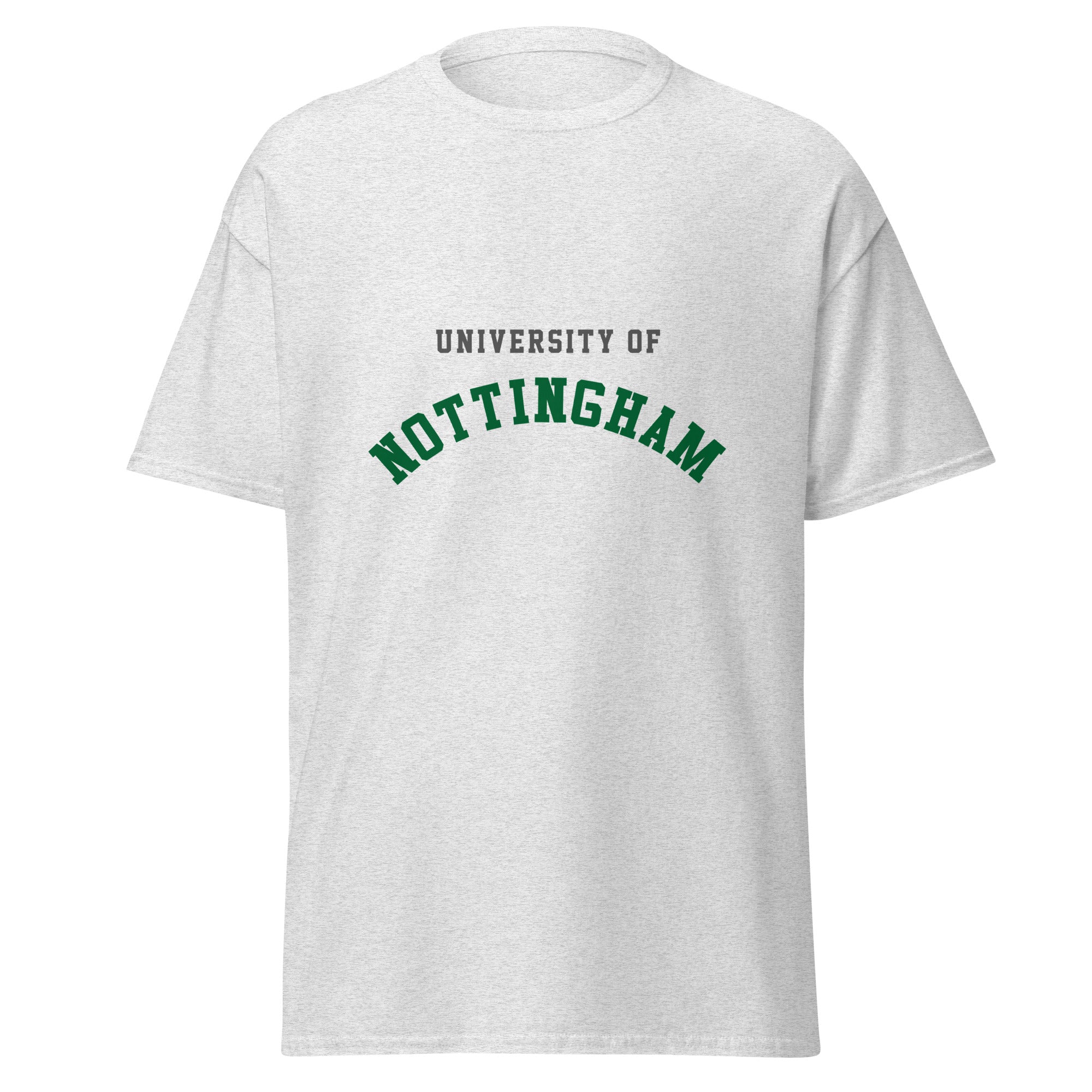 Unisex navy blue t-shirt featuring University of Nottingham logo printed across the front chest