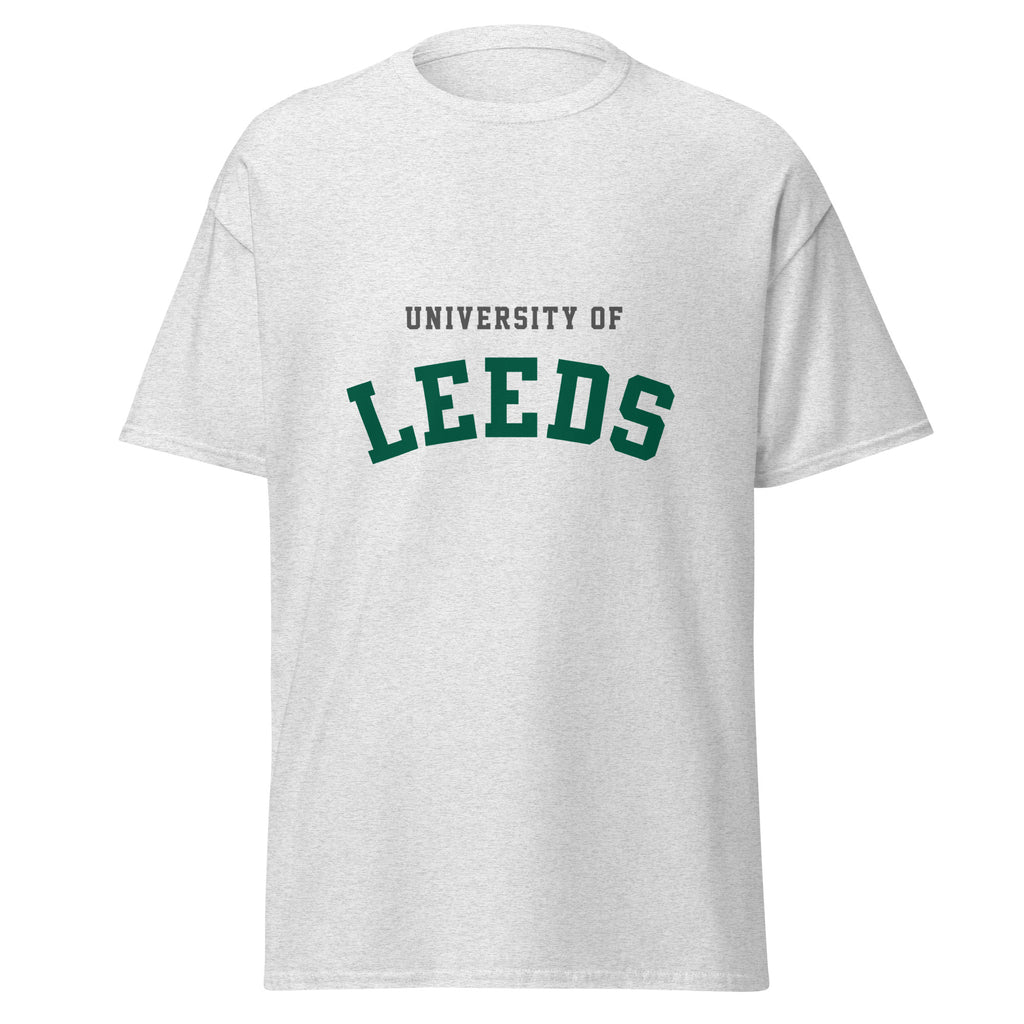 Unisex navy blue t-shirt featuring University of Leeds logo printed across the front chest