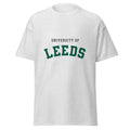 Unisex navy blue t-shirt featuring University of Leeds logo printed across the front chest