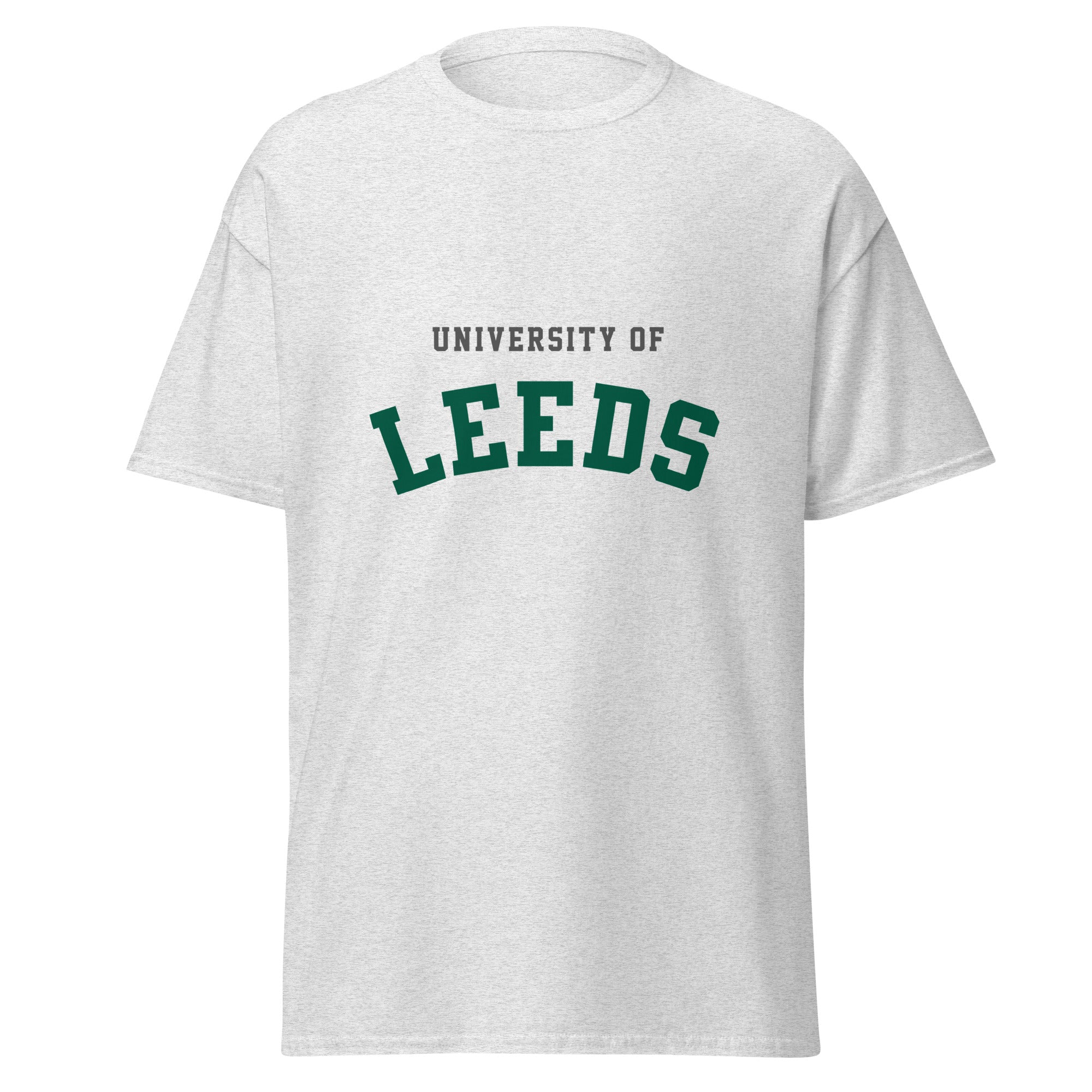 Unisex navy blue t-shirt featuring University of Leeds logo printed across the front chest
