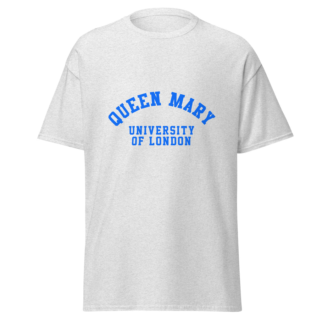 Unisex navy blue t-shirt featuring Queen Mary University of London logo printed across the front chest