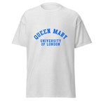 Unisex navy blue t-shirt featuring Queen Mary University of London logo printed across the front chest