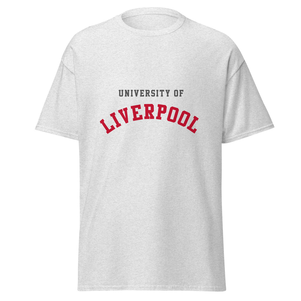 Unisex navy blue t-shirt featuring University of Liverpool logo printed across the front chest