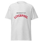 Unisex navy blue t-shirt featuring University of Liverpool logo printed across the front chest