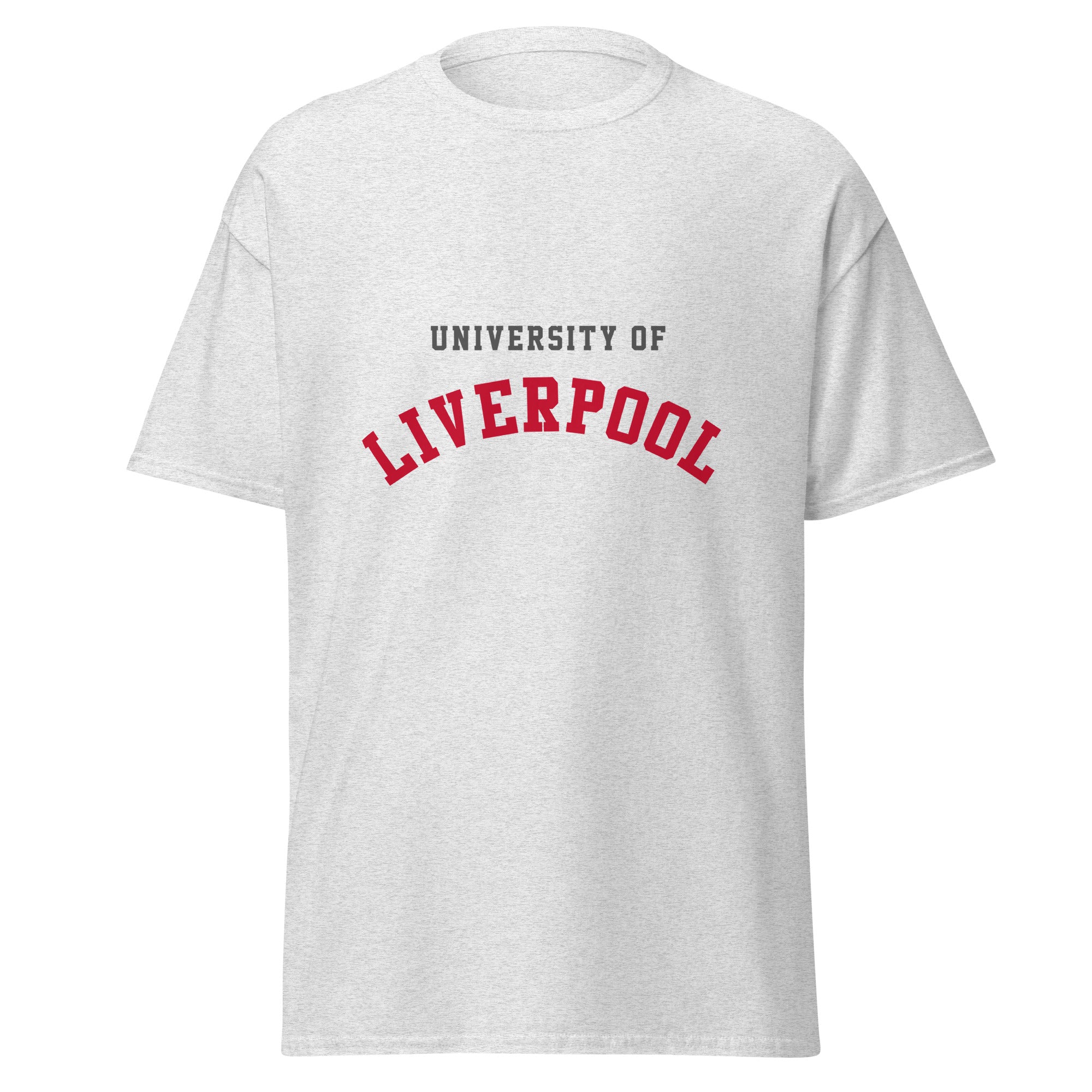 Unisex navy blue t-shirt featuring University of Liverpool logo printed across the front chest