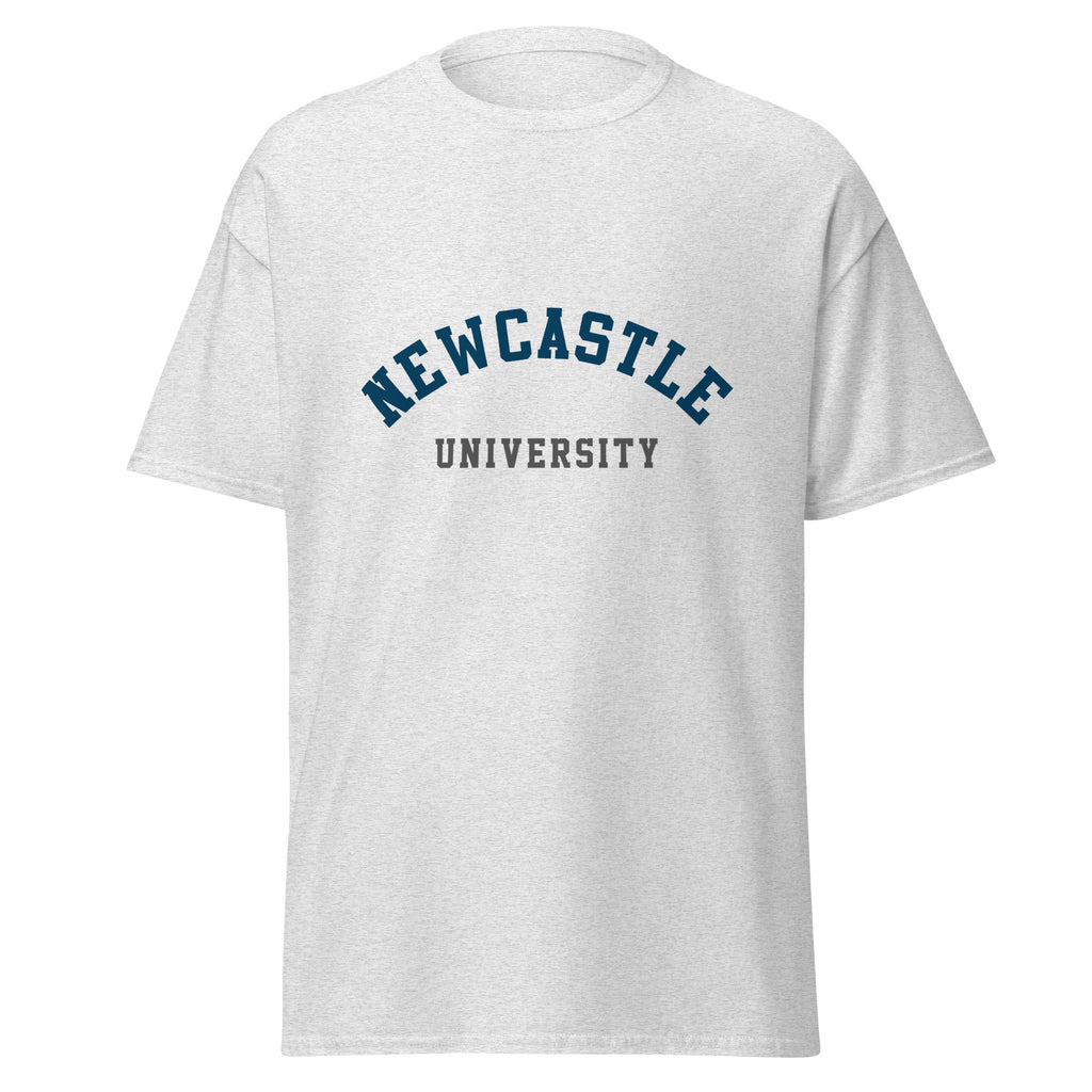 Unisex navy blue t-shirt featuring Newcastle University logo printed across the front chest