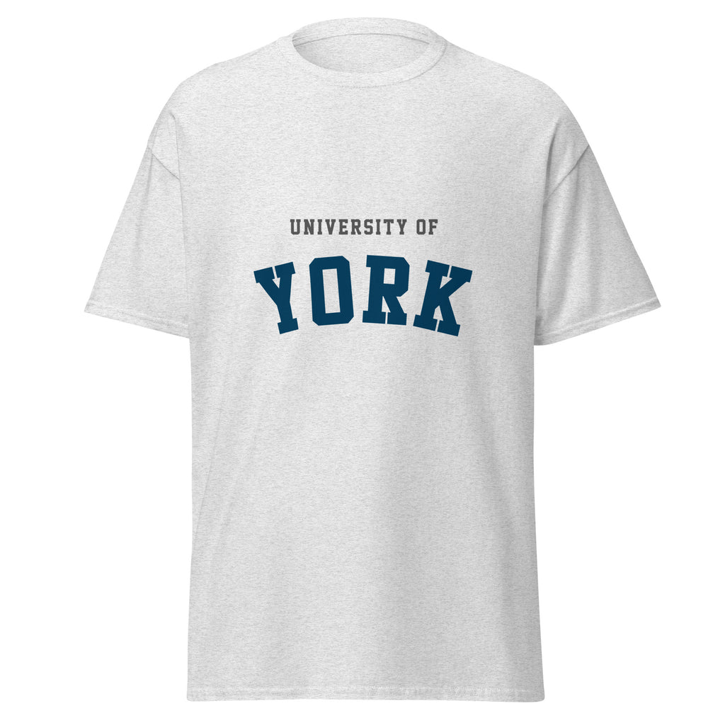Unisex navy blue t-shirt featuring University of York logo printed across the front chest