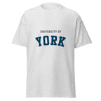 Unisex navy blue t-shirt featuring University of York logo printed across the front chest
