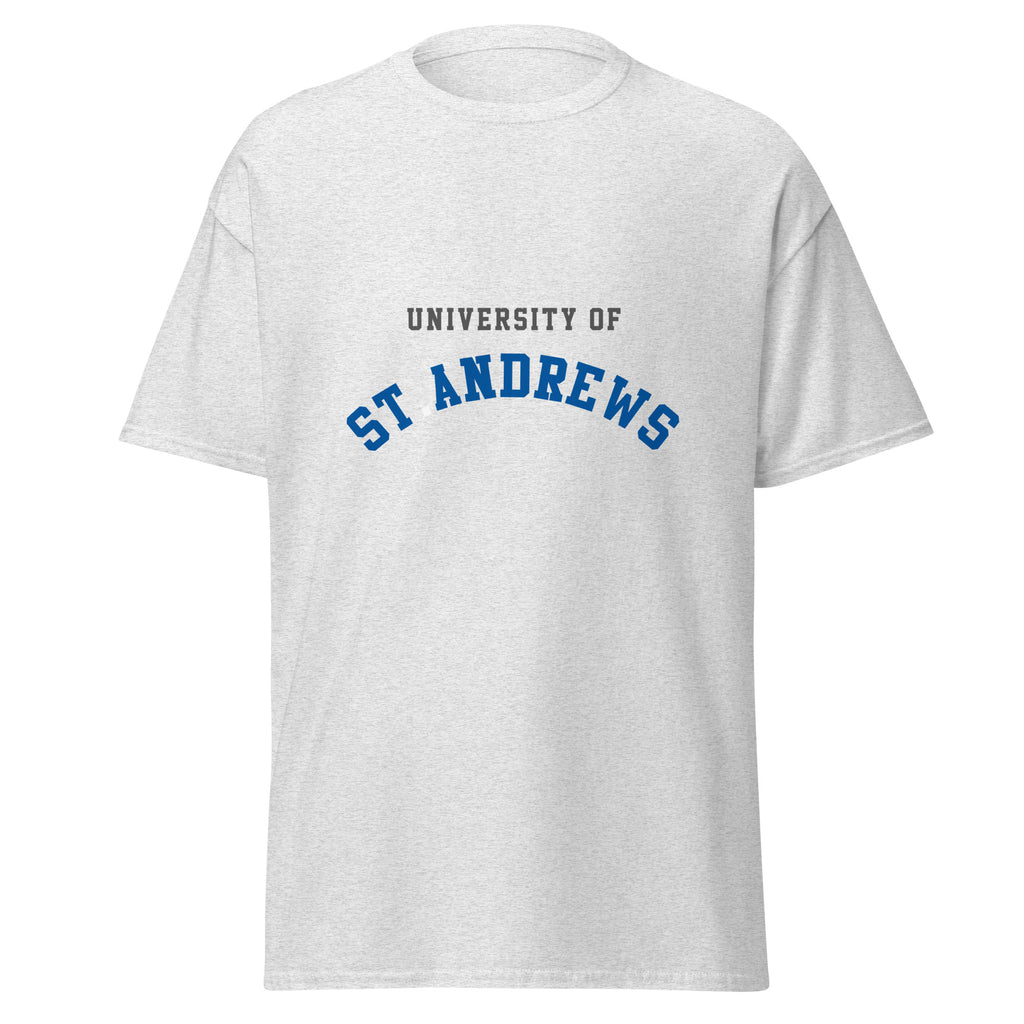 Unisex navy blue t-shirt featuring University of St Andrews logo printed across the front chest