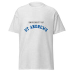 Unisex navy blue t-shirt featuring University of St Andrews logo printed across the front chest