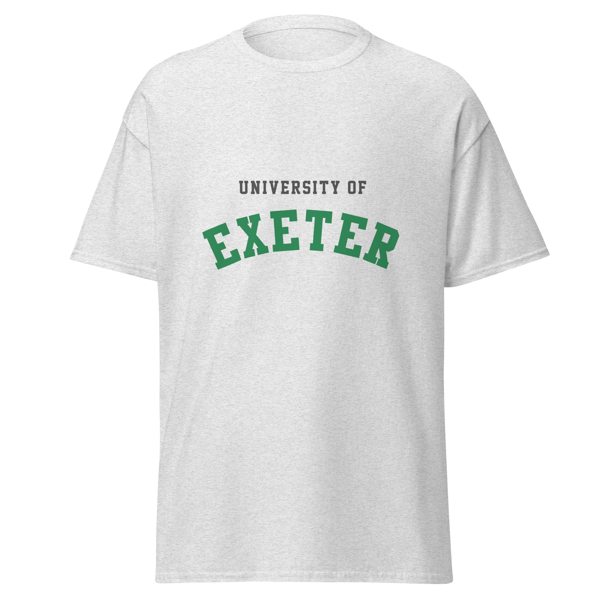 Unisex navy blue t-shirt featuring University of Exeter logo printed across the front chest
