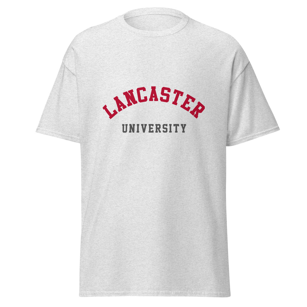 Unisex navy blue t-shirt featuring Lancaster University logo printed across the front chest