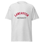 Unisex navy blue t-shirt featuring Lancaster University logo printed across the front chest