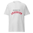 Unisex navy blue t-shirt featuring University of Leicester logo printed across the front chest