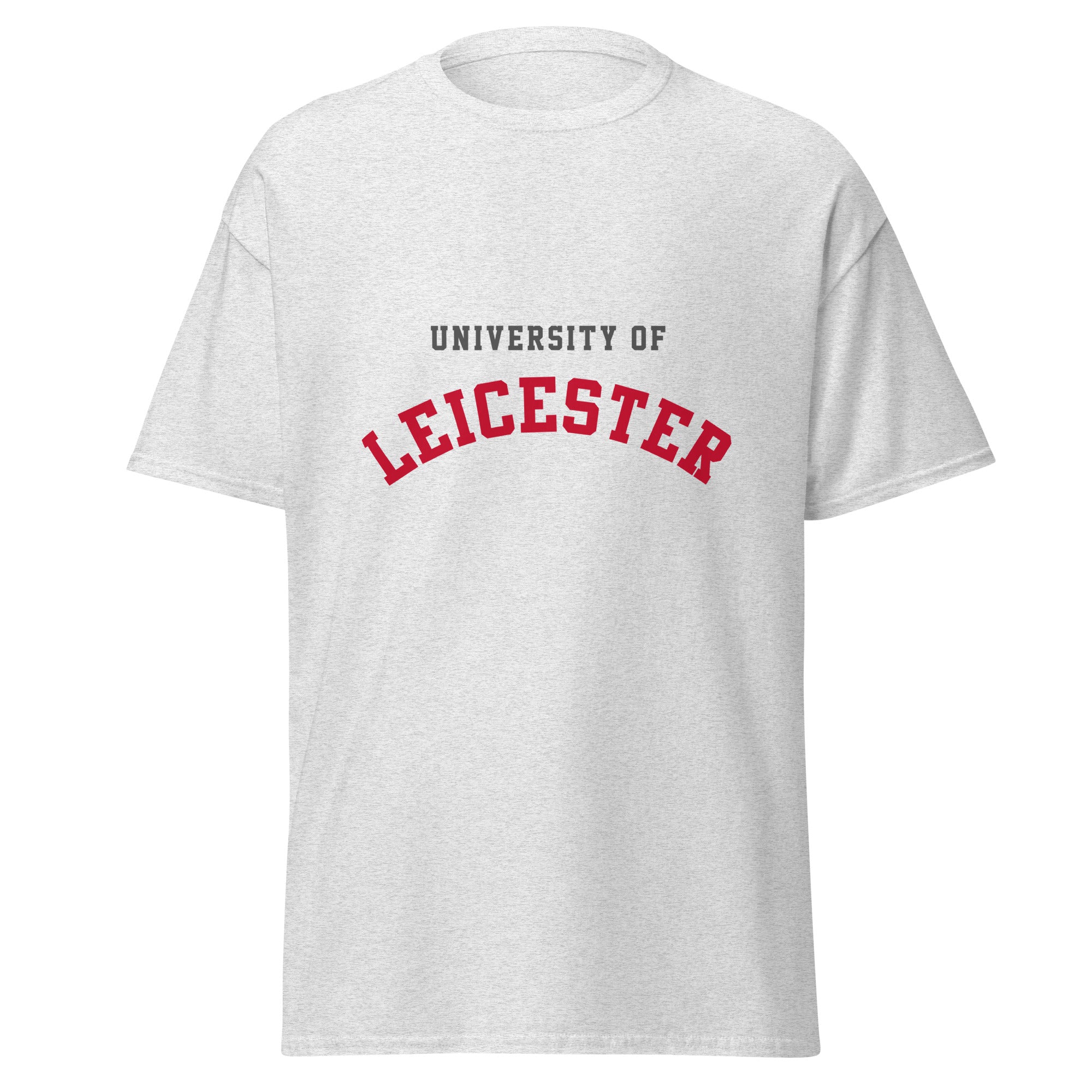 Unisex navy blue t-shirt featuring University of Leicester logo printed across the front chest